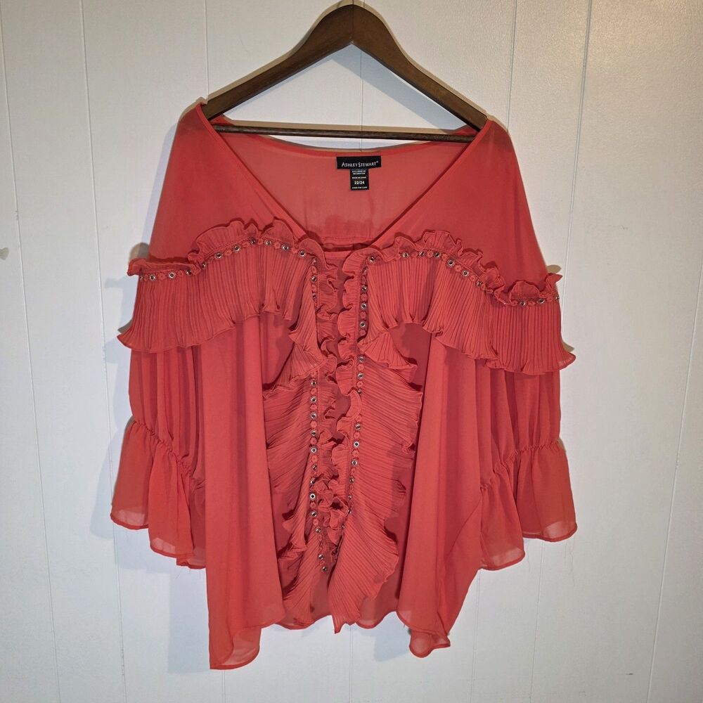 Ashley Stewart Women's  Size 22/24W Coral Colored Grommeted Ruffles & Pleated...